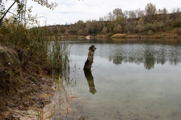 Yellow and green leaves on the trees around the lake. Autumn time in nature. Cristal clean...