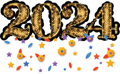 Happy new year 2024 design. With colorful truncated number illustrations. Premium vector design for poster, banner, greeting and new year 2024