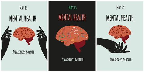 Set trendy retro Mental Health awareness month posters. Mental Health banner in modern groovy style with brain and hand. Vector illustration can used web pages, flyer, card cover.