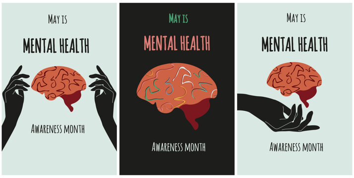 Set trendy retro Mental Health awareness month posters. Mental Health banner in modern groovy style with brain and hand. Vector illustration can used web pages, flyer, card cover.