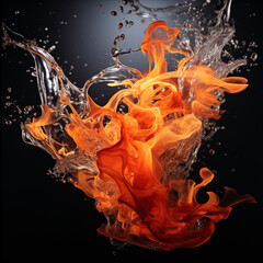 Splash of fire, black on black, in the style of ray tracing, dark white and dark red, intense coloration, dark silver and light orange, bold, vibrant colors,