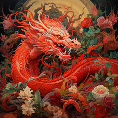 Red dragon in the peony garden by Ai generated