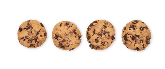 Top view of row of chocolate chip cookies isolated on cutout png background