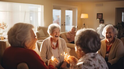 In a cozy lounge at a retirement home, volunteers bring joy to senior residents through engaging activities and heartfelt conversations.   - obrazy, fototapety, plakaty