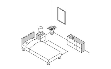 Finding a room for rent: bedroom, simple isometric with bed and bedside lighting