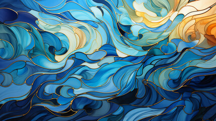 Fototapeta premium Shades of blue stained glass design for church. AI generative