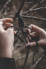 Female hands weaving a macrame braid on a tree branch