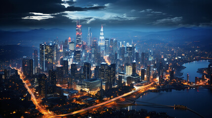 Fototapeta premium Skyscrapers, neon lights, city night. AI generative