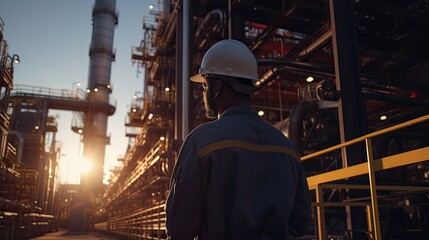 Within a chemical processing plant filled with chemical tanks and safety equipment, an industry maintenance engineer