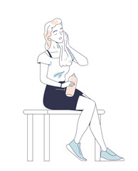Person in sportswear in gym doodle. Active lifestyle and sport. Fitness and workout. Woman with water and towel at bench. Cartoon flat vector illustration isolated on white background