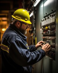 Within a heavy industrial setting characterized by heavy machinery and industrial infrastructure, an industry maintenance engineer is hard at work troubleshooting a power distribution panel