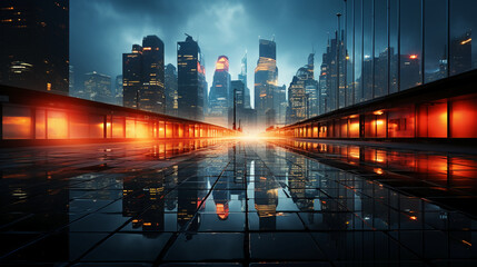 Skyscrapers, neon lights, city night. AI generative