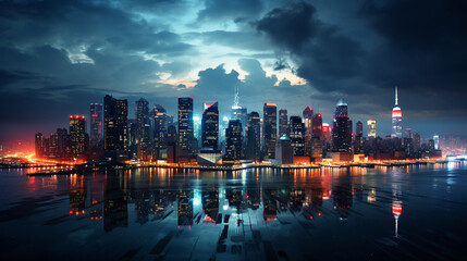 Fototapeta premium Skyscrapers, neon lights, city night. AI generative