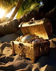 Deep within a hidden pirate's cave, a treasure chest overflows with gleaming gold coins. The coins...