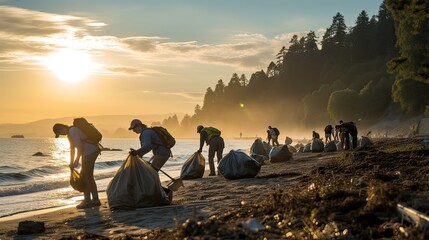On a polluted beach, environmental volunteers gather to clean up the shoreline and protect the environment. Attributes include the dedicated volunteer