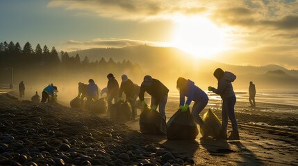 On a polluted beach, environmental volunteers gather to clean up the shoreline and protect the environment. Attributes include the dedicated volunteer - obrazy, fototapety, plakaty