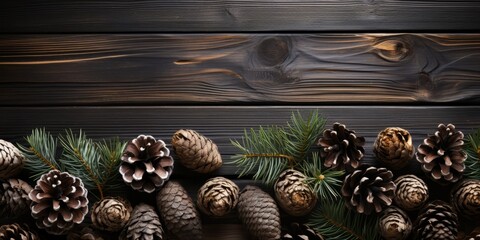 Banner with Christmas decoration, cones on wooden background, AI generated