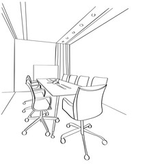 Interior sketch space office. Meeting room. Workplaces . Tables, chairs and windows