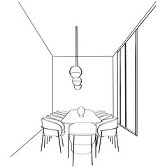 Interior sketch space office. Meeting room. Workplaces . Tables, chairs and windows.