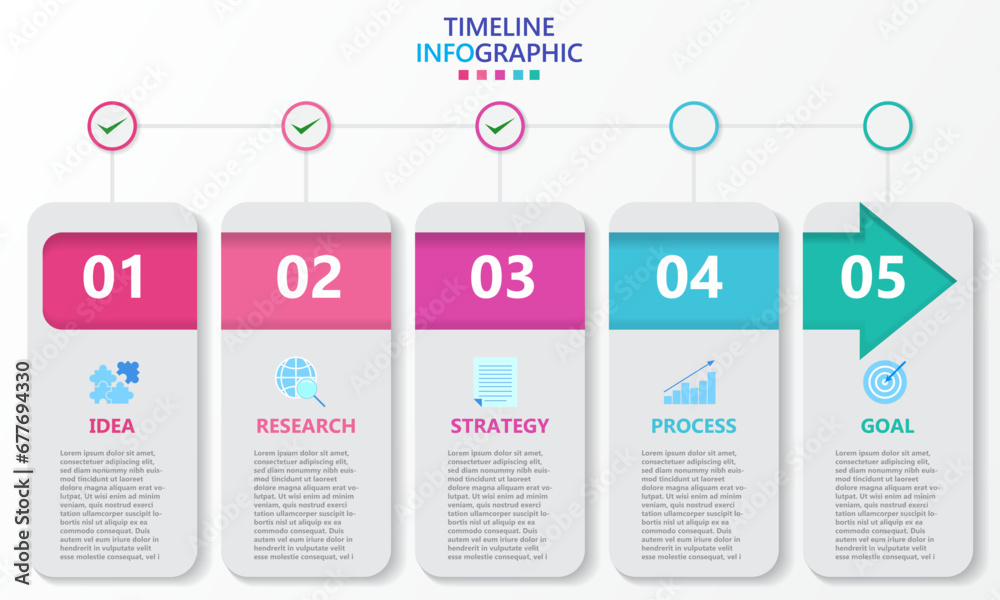 Poster Infographic template for business. Modern Timeline infograph with 5 steps and tick marks for target achievement.