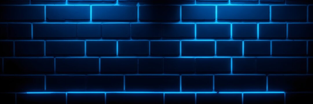 Black bricks wall texture iluminated with blue neon light. Illuminated brickwall banner with copy space.