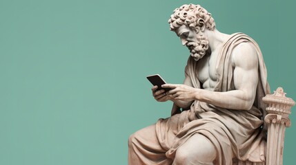 Ancient old Greek God statue, man using smartphone on pastel background - obrazy, fototapety, plakaty