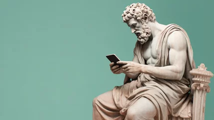 Fotobehang Ancient old Greek God statue, man using smartphone on pastel background © LELISAT