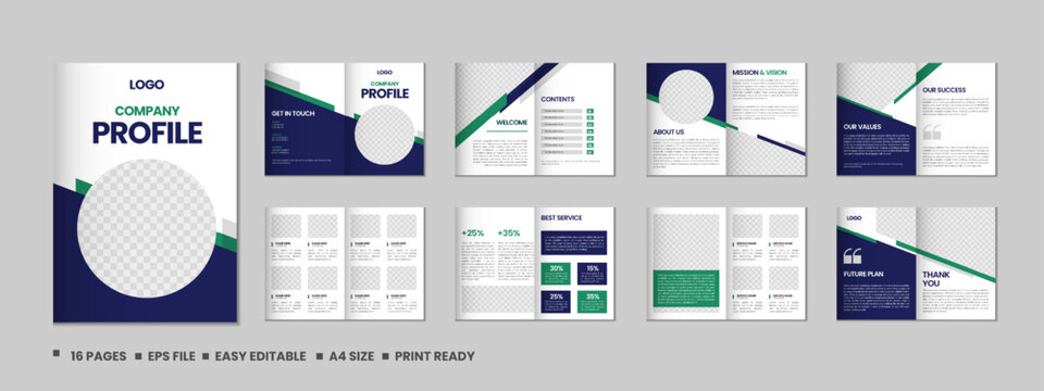 Company profile, multipage flyer brochure, 16 pages portfolio magazine, annual report, catalog and a4 multipage template design