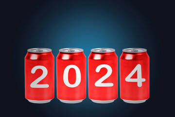 2024, Red soda cans with the number 2024 on blue background. Happy New Year