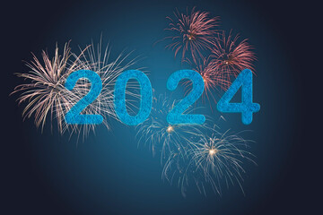 2024, Fireworks next to the number 2024 on blue background. Happy New Year