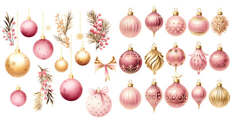 Vintage pink Christmas ornaments watercolor clipart - obrazy, fototapety, plakaty