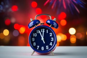 Clock counting hours on New Year's Eve in bright colors with fireworks