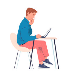 Person works with computer concept. Man sitting at table with gadget or device. Freelancer or remote worker. Graphic element for website. Cartoon flat vector illustration isolated on white background