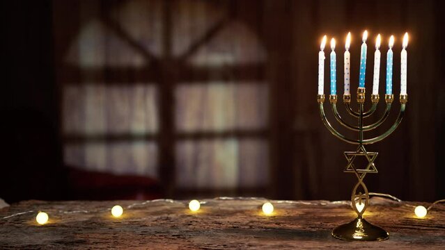 Lit Candles on a Candlestick for Hanukkah