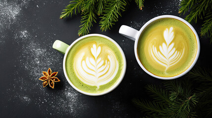 Latte and turmeric lattes in mugs with latte with Christmas decor, top view  - obrazy, fototapety, plakaty