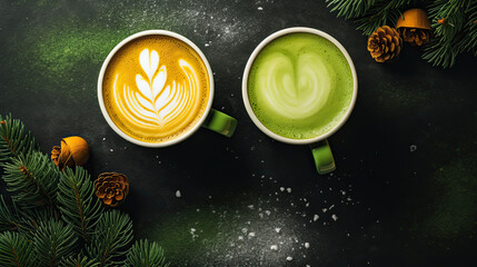 Fototapeta premium Latte and turmeric lattes in mugs with latte with Christmas decor, top view 