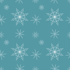 Naklejka na ściany i meble Seamless Christmas pattern with white snowflakes on blue background. Winter decoration. Happy new year vector illustration, for cards, packing, wallpaper and other.