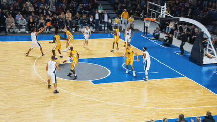 Basketball Championship in Crowded Arena: White Team Passing the Ball, Teammate Player Receiving A...