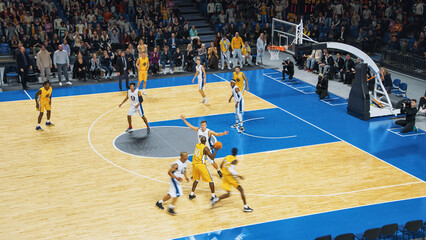 TV Broadcast Style Footage of Two International Teams Playing Basketball at a Professional Arena. Both Teams Dribble, Pass the Ball, Sucessfuly Score Goals During an Intense World Championship Match.