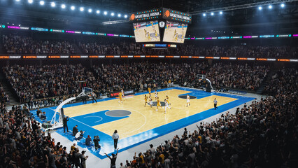 Fototapeta na wymiar Sold Out Arena with Spectators Watching National Basketball Tournament Match. Teams Play, Diverse Crowds of Fans Cheer. Sports Channel Live Television Broadcast. Establishing High Wide Angle Footage