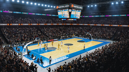 Sold Out Arena with Spectators Watching National Basketball Tournament Match. Teams Play, Diverse Crowds of Fans Cheer. Sports Channel Live Television Broadcast. Establishing Wide High Angle Footage - obrazy, fototapety, plakaty