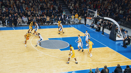 Basketball Tournament Final: Guard Player Passing the Ball to a Skillful Forward Teammate, Black Basketballer Opened for Pass TO Score The Winning Goal. Sports Action on Live PPV Streaming Service