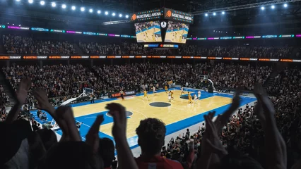 Poster High Angle Establishing Wide Shot of a Whole Arena of Spectators Watching a Basketball Championship Game. Teams Play, Crowds of Fans Raise Hands and Cheer. Sports Channel Live Television Broadcast © Gorodenkoff