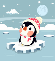 Cute penguin on ice floe cartoon