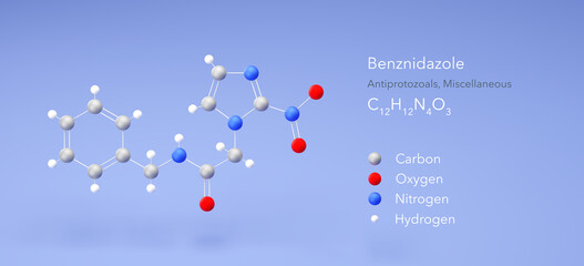 benznidazole molecule, molecular structures, antiparasitic medication, 3d model, Structural Chemical Formula and Atoms with Color Coding