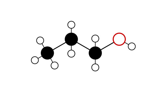 1-propanol molecule, structural chemical formula, ball-and-stick model, isolated image propanol