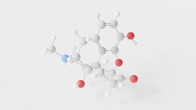 oxymorphone molecule 3d, molecular structure, ball and stick model, structural chemical formula opioid analgesic