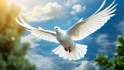 Fototapeta premium Graceful Soar: Majestic White Dove in Azure Skies, a Symbol of Peace and the Holy Spirit