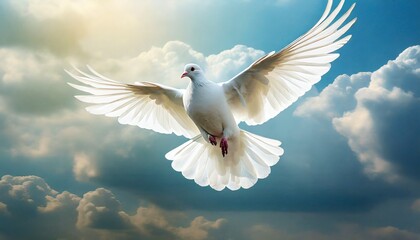 Obraz premium Graceful Soar: Majestic White Dove in Azure Skies, a Symbol of Peace and the Holy Spirit