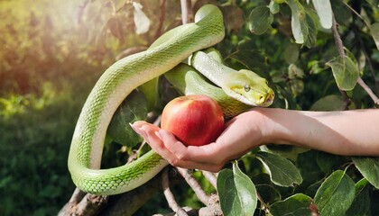 Eve holding apple in her hand tempted by snake. 
The woman holds an apple tempted by snake. Paradise.  - obrazy, fototapety, plakaty